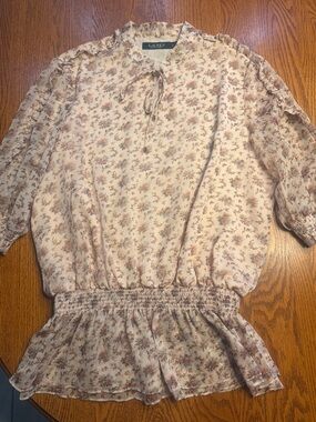 Lauren Ralph Lauren Cream Floral Tie-Neck Blouse with Pink & Blue Blooms